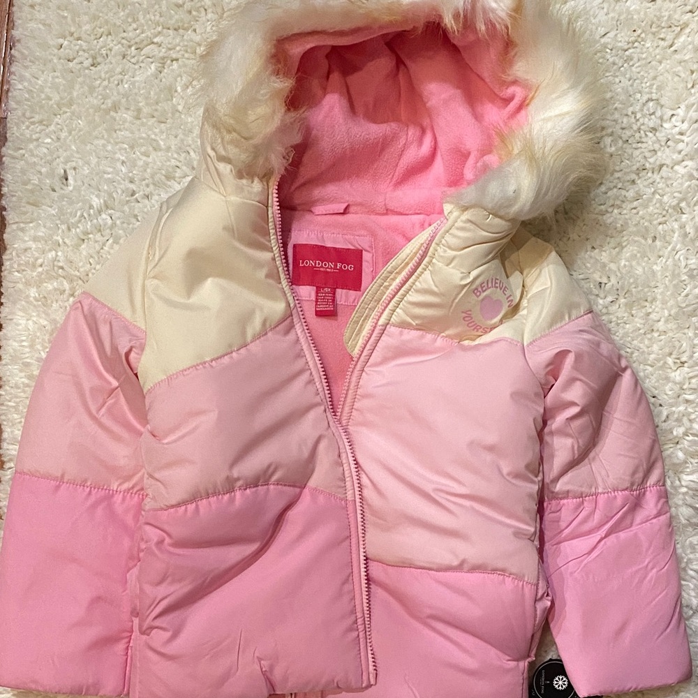 London Fog  water-resistant snowsuit a puffer jacket and matching bib overalls.